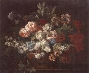 Still life of various flowers,in a wicker basket,upon a stone ledge unknow artist